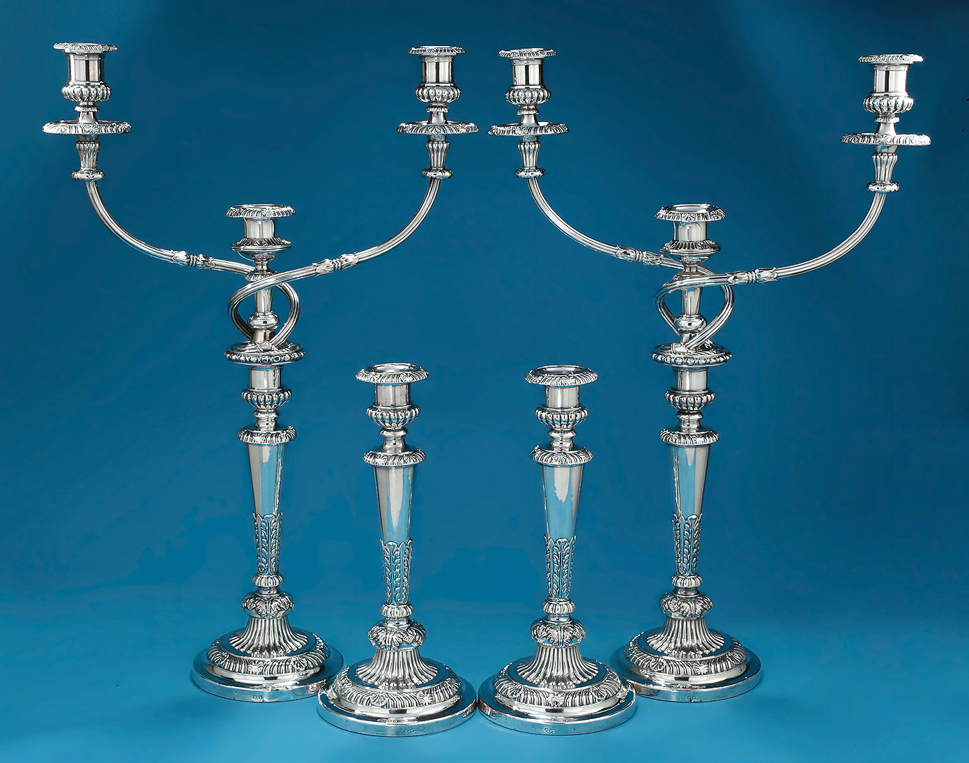 George III Set Old Sheffield Plate 3-Light Candelabra & Candlesticks, Matthew Boulton