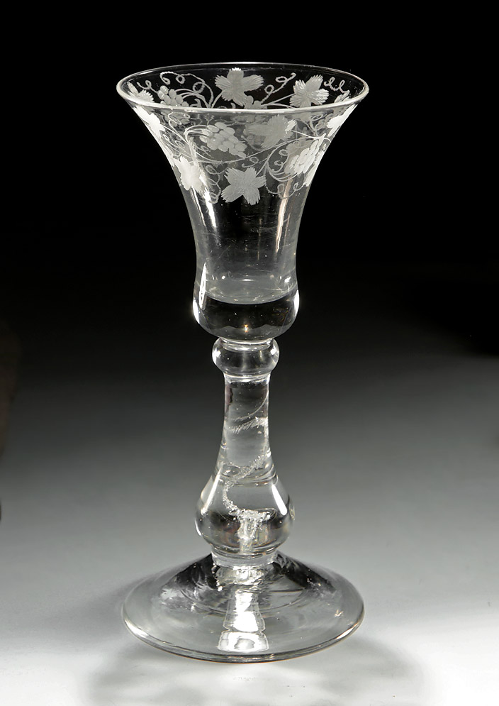 George II Engravwed Baluster Wine, c1730, elongated tear to stem