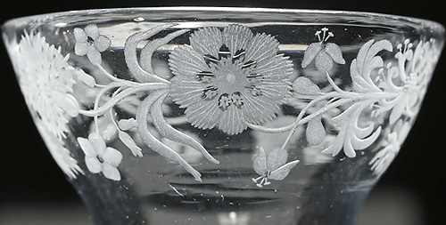 George II 'Jacobite' Pan-Topped Airtwist Wine Glass, c1750, Detail, Passion Flower