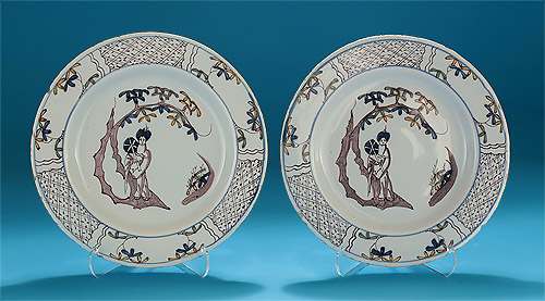 Pair Bristol Delft Manganese & Polychrome Plates, c1745