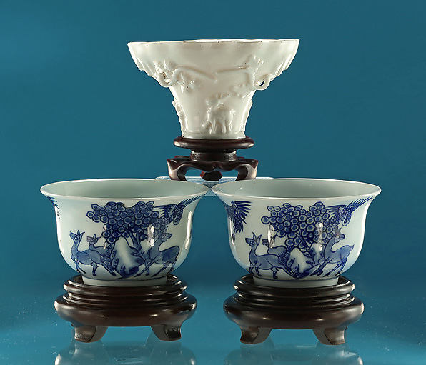 17th Century Blanc de Chine Libation Cup, Late Ming / Early Kangxi, c1640-1670 and Pair Kangxi Deen & Crane Cups 