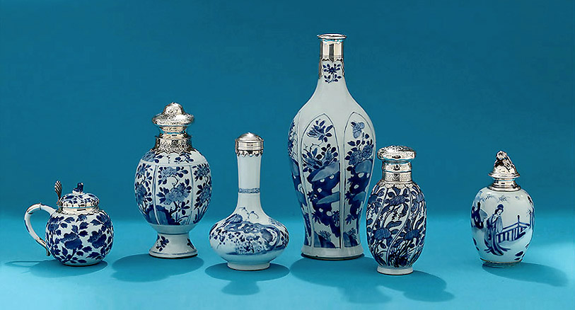 Dutch Silver Mounts on Oriental Blue & White Porcelain