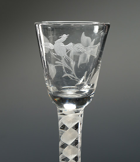 Jacobite Interest Engraved Cordial Glass, Daffodil & Bird in Flight, England, c1765 , bowl with bird in flight