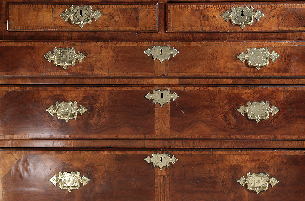 George I Walnut & Oyster-Veneered Walnut Bureau, England 1720, drawer fronts with brasses