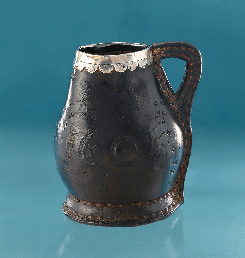 17th Century Silver-Mounted Leather Black-Jack, England, Inscribed '1605' 