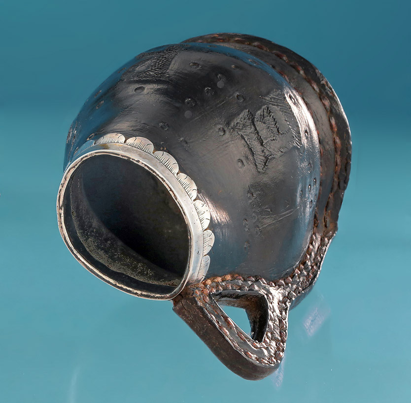 17th Century Silver-Mounted Leather Black-Jack, England, Inscribed '1605' 