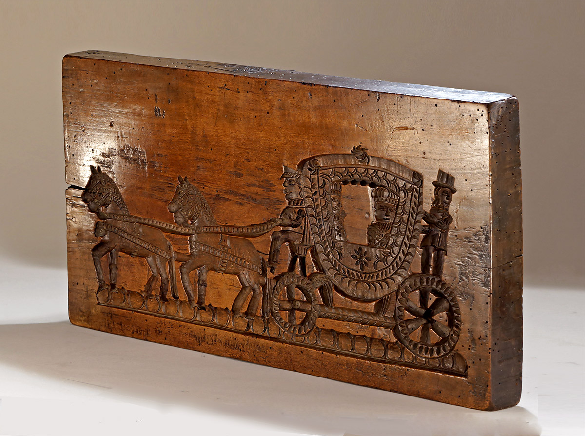 18th Century Dutch Fruitwood Gingergread Mould; Royal Carriage and Heart inscribed 'St. Nicholaas Geschenk' 