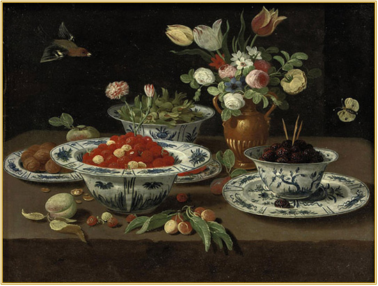 Still Life, Workshop of Jan Van Kesse, with four kraak klapmutsen and a dish. Antwerp 1626-1679