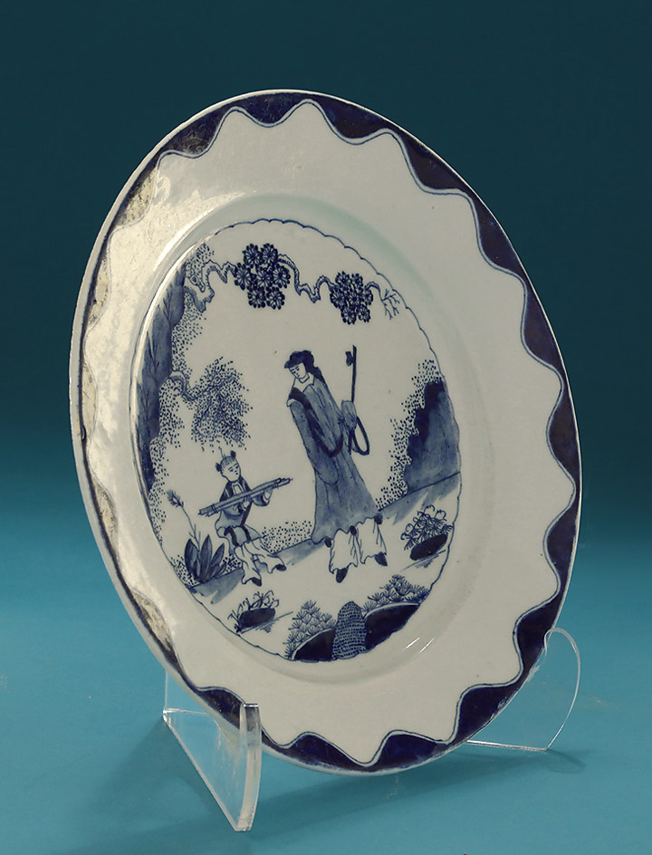 Bow Porcelain 'Golfer & Caddy' Blue & White Pattern Plate, England, c1756-60 