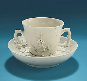 Bow Porcelain While Chocolate Cup and Saint-Cloud White Trembleuse Saucer