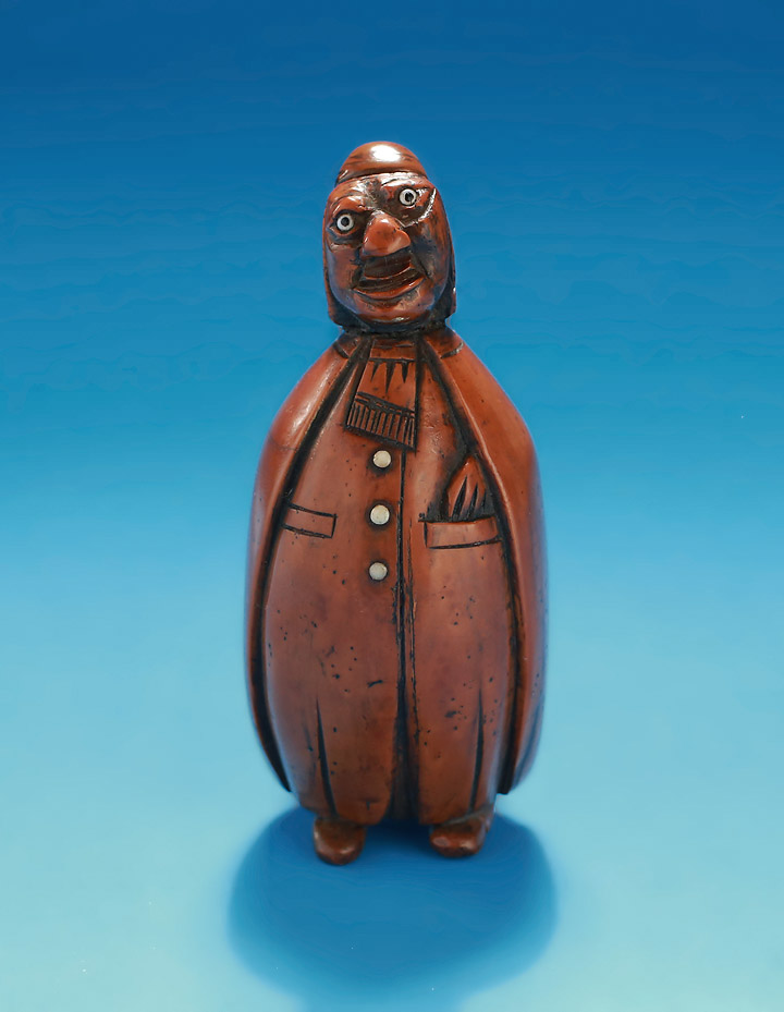 18th Century Carved Coquilla Nut Figural Snuff Box, Man with Cape, France, c1790