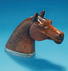 Fine Silver-Mounted Carved Mahogany Animal-Form Snuff Box, in the form of a horse's head, England, mid-19c