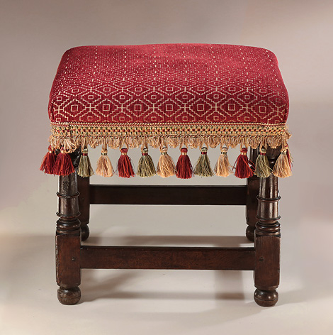 Charles II Upholstered Oak Stool, England, c1660, Provenance : Doughton Manor, Cotswold District