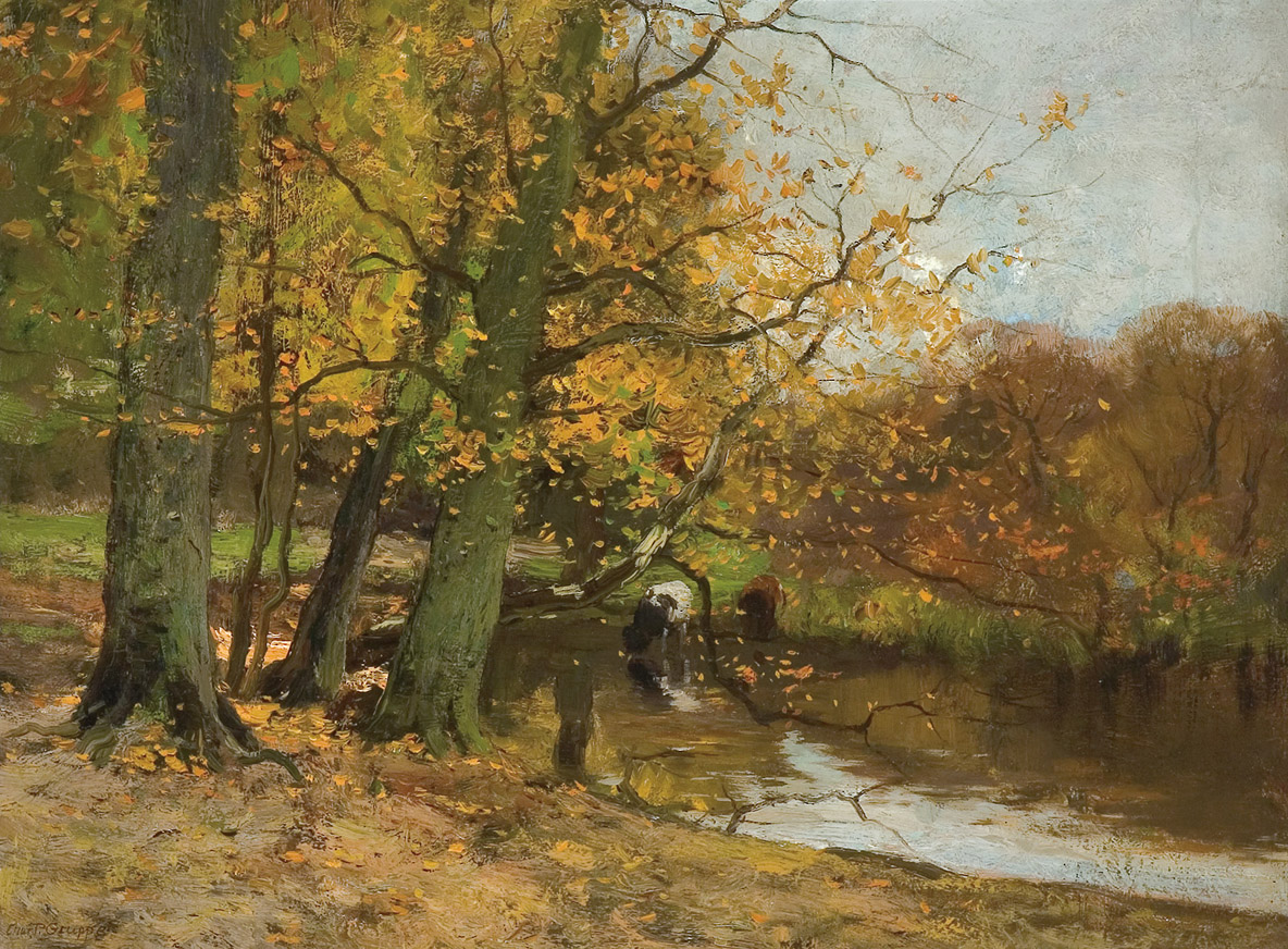 Charles Paul Gruppe, Cattle Watering in an Autum Landscape, Oil on Canvas