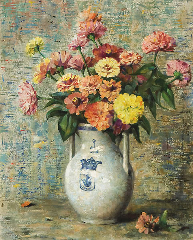 DINES CARLSEN, American, 1901-1966, "ZINNIAS IN A WHITE VASE"