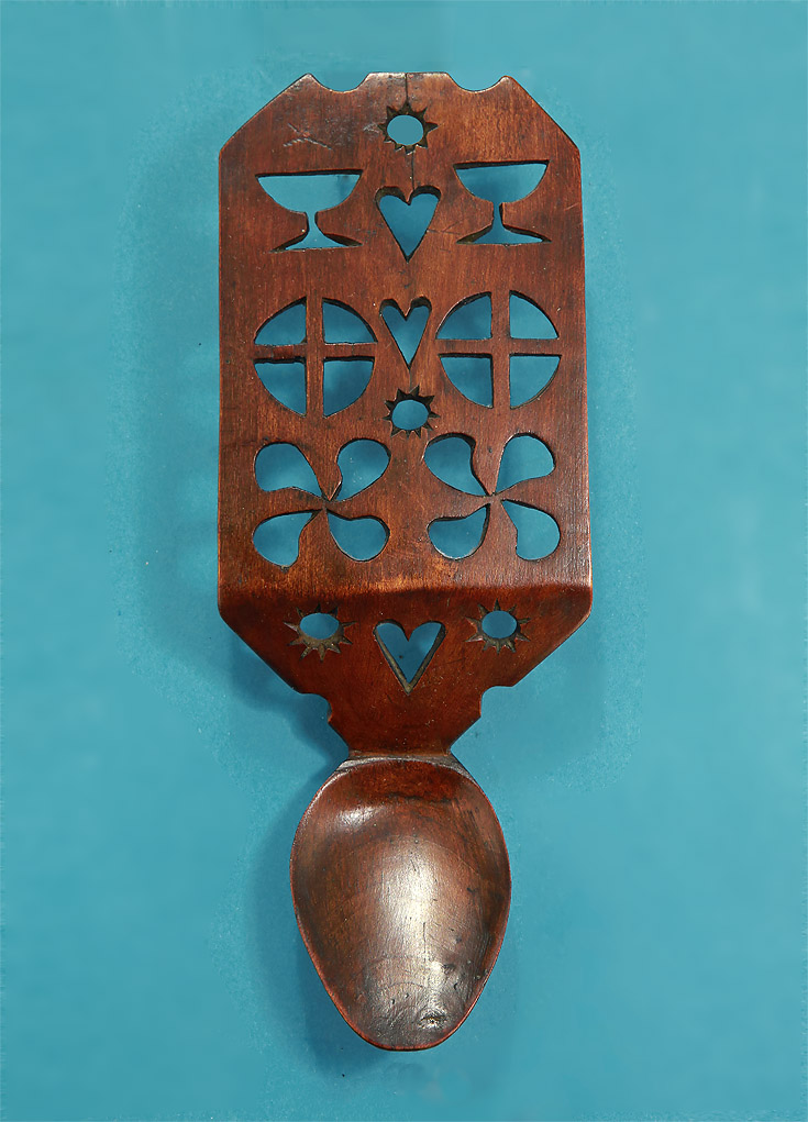 Early19th Century Carved Treen Welsh Love Spoonm Early19th Century with hearts, commas, wine glasses, wheels 