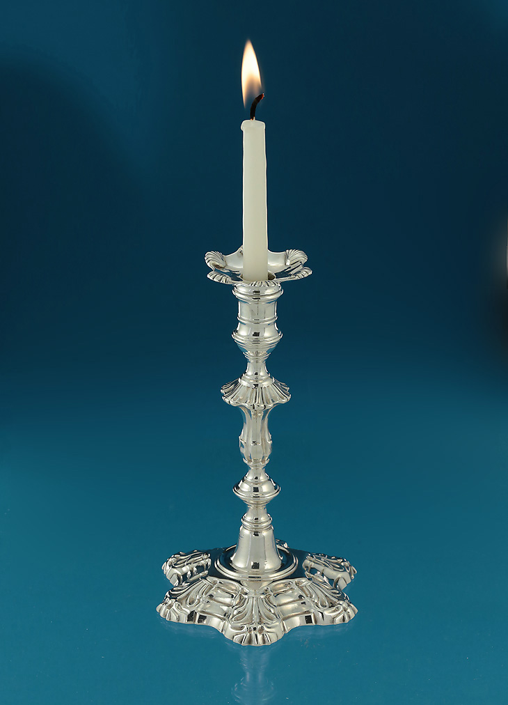 Early George III Cast Rococo Silver Taperstick, Hex Foil Base, William Gould, London, 1760 