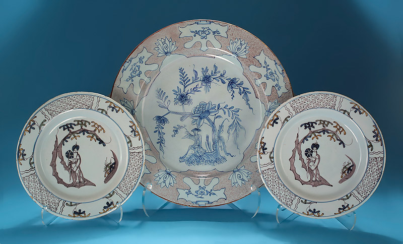 Good English Delft Manganese & Blue "Woolsack" Charger, with Pair of Bristol Manganese & Polychrome Delft Plates