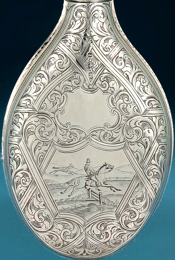 Fine Victorian Engraved Silver Hip Flask, Simeon Greenberg, Birmingham,1860 , detail front side hunt scene