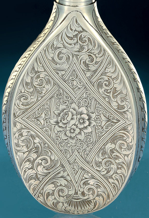Fine Victorian Engraved Silver Hip Flask, Simeon Greenberg, Birmingham,1860 , detail back side