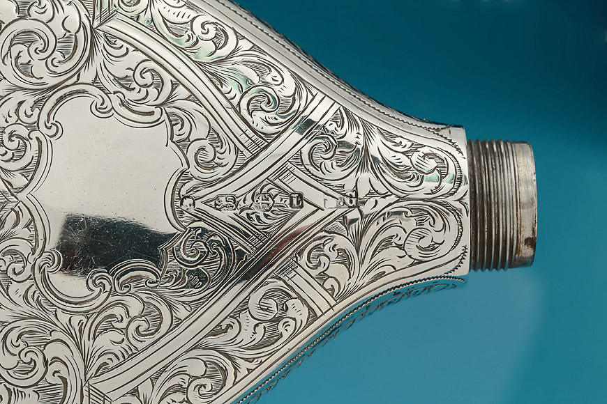 Fine Victorian Engraved Silver Hip Flask, Simeon Greenberg, Birmingham,1860 , Simeon Greenberg Maker's Mark