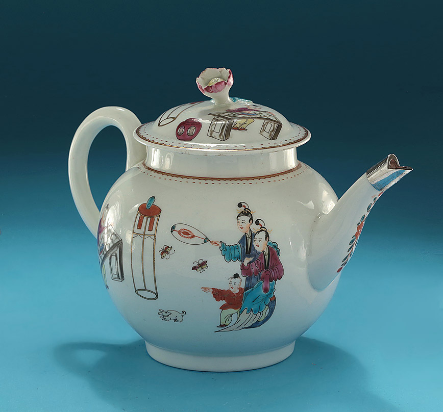 First Period Worcester Teapot & Cover, "Chinese Family", England, c1760-65 