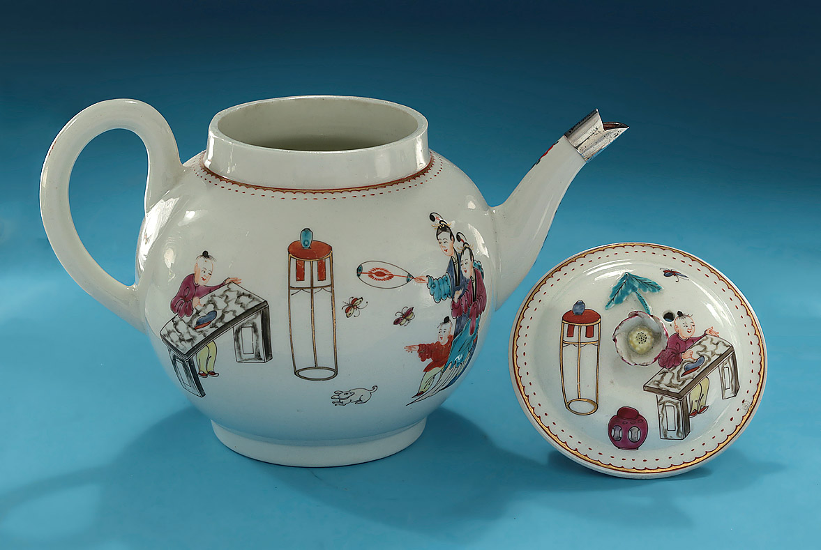 First Period Worcester Teapot & Cover, "Chinese Family", England, c1760-65 
