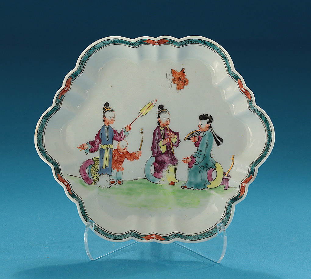 First Period Worcester Hexagonal Polychrome Teapot Stand, Chinese Musicians Pattern, c1758-60 