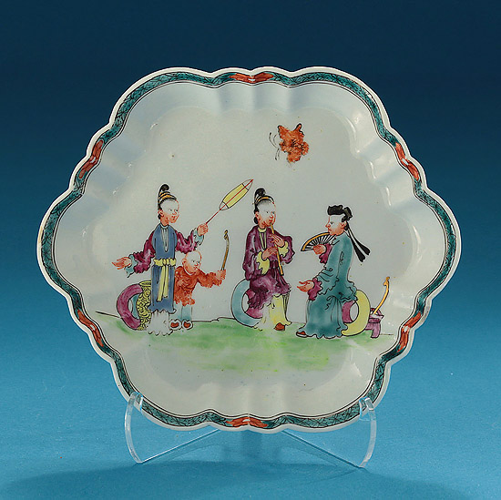 First Period Worcester Hexagonal Polychrome Teapot Stand, 'Chinese Musicians' Pattern