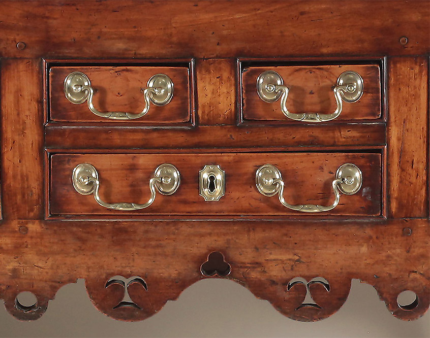 Rare George I-II Yewwood 'Sideboard Type' Open Low Dresser, England or Wales, c1720-40, spice drawers 