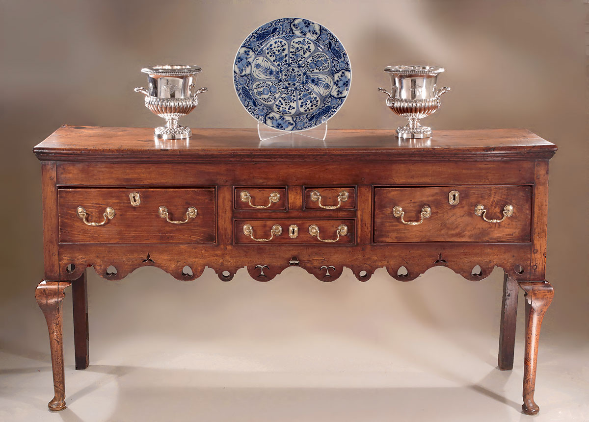 Rare George I-II Yewwood 'Sideboard Type' Open Low Dresser, England or Wales, c1720-40 , with Kangxi Peacocks Border Charger and Pair George III Matthew Bouldon Wine Coolers