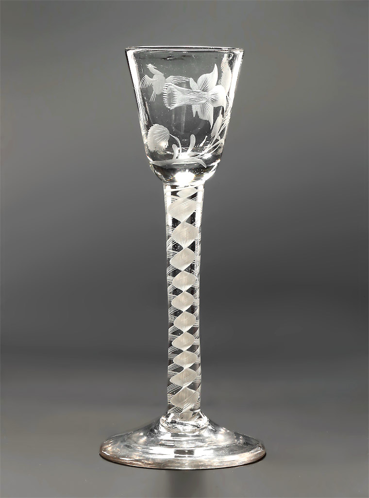 Jacobite Interest Engraved Cordial Glass, Daffodil & Bird in Flight, England, c1765 