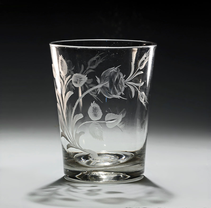 George III Rare Engraved Jacobite Interest Glass Beaker, England, 1765-75