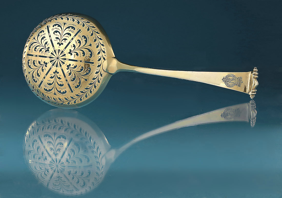 Royal George III Silver-Gilt Straining or Sifting Ladle, Crested for Son of George III (Prince); Onslow Pattern 