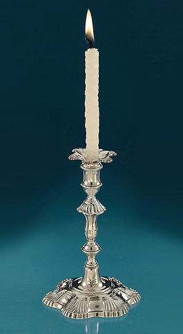 George II Silver Sexfoil Taperstick with Crested Bobeche, John Cafe, London, 1756