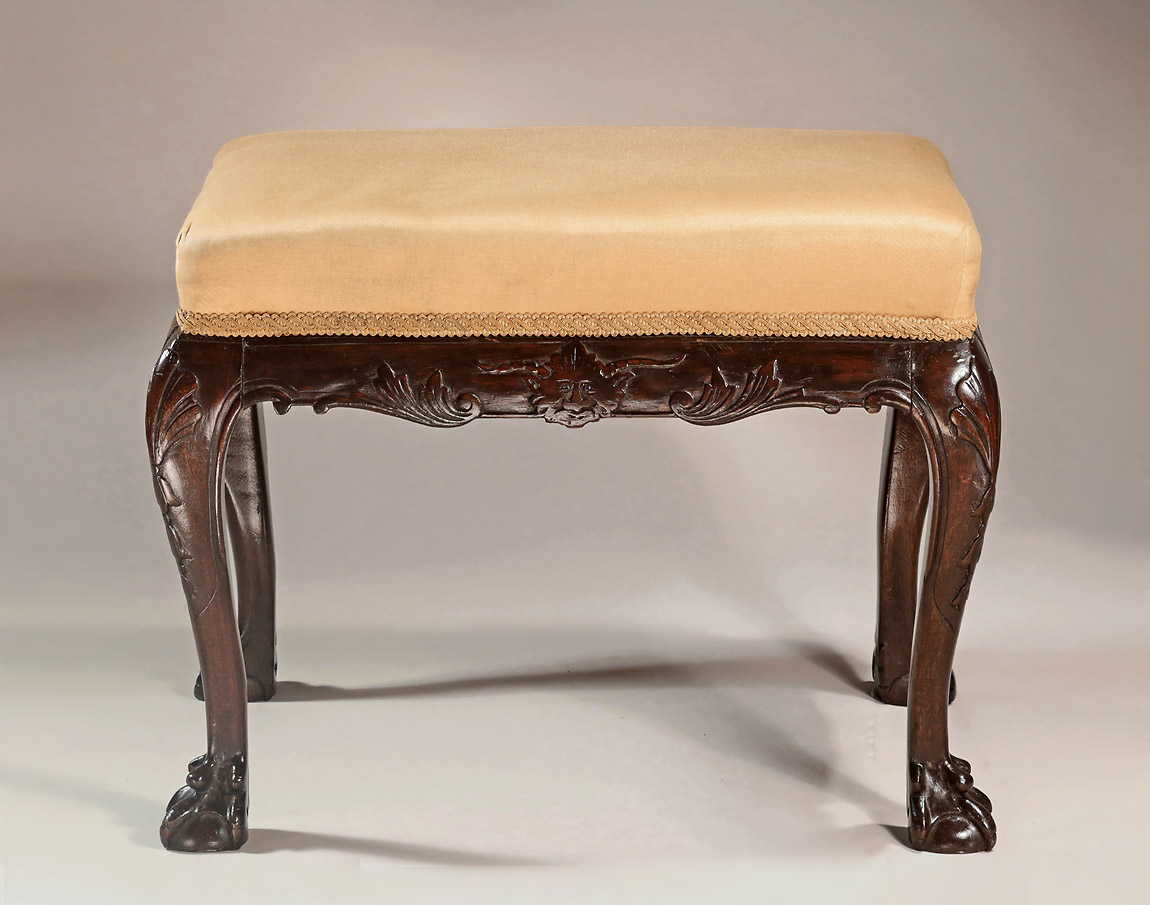 George II Carved Mahogany Stool, Apron with Carved Green Man Mask, c1740 