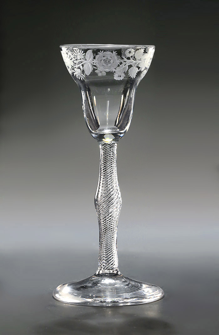 George II Jacobite Pan-Topped Airtwist Wine with cryptic floral border, c1750 , Stuart Rose