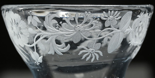 George II 'Jacobite' Pan-Topped Airtwist Wine Glass, c1750, Detail, Honeysuckle