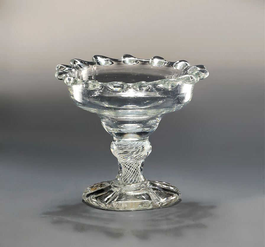 George II Opaque Twist Glass Sweetmeat Dish, Oversewn Foot, England, c1750 