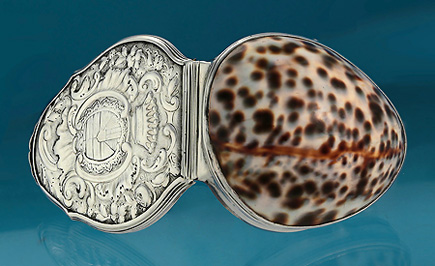 George II-III Silver-Mounted Armorial Cowrie Shell Snuff Box, William Lestourgen, c1755-60