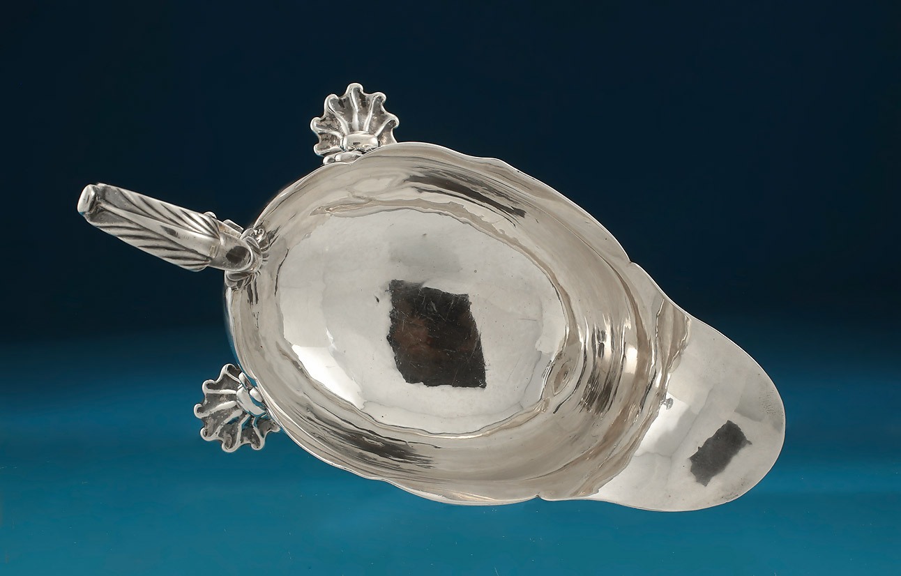 George II Silver Sauceboat, Shaw & Preist, London, 1757, crested, interior