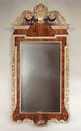 George II Walnut Veneer & Parcel Gilt Mirror, England, c1730