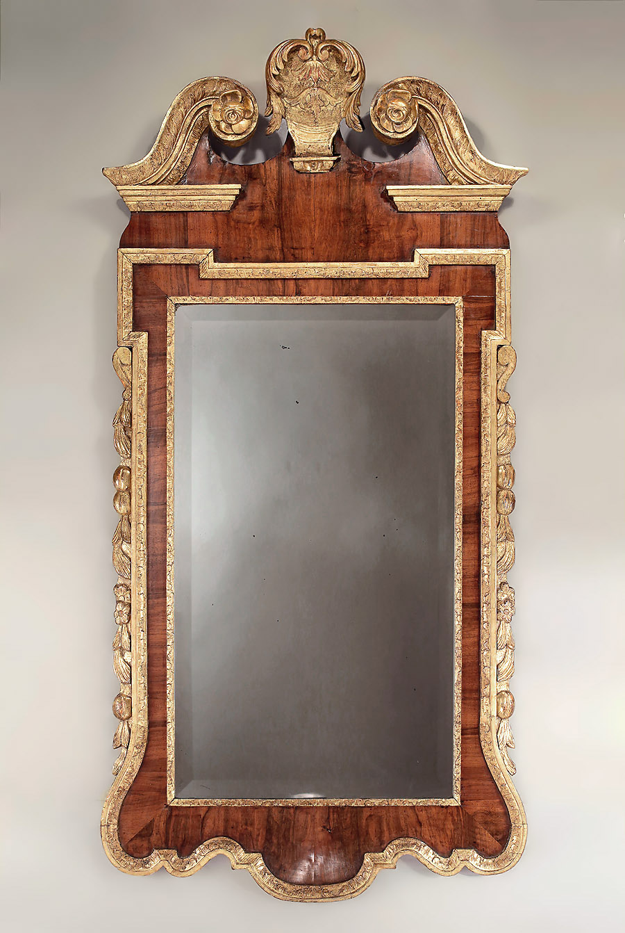 George II Walnut Veneer & Parcel Gilt Mirror, England, c1730