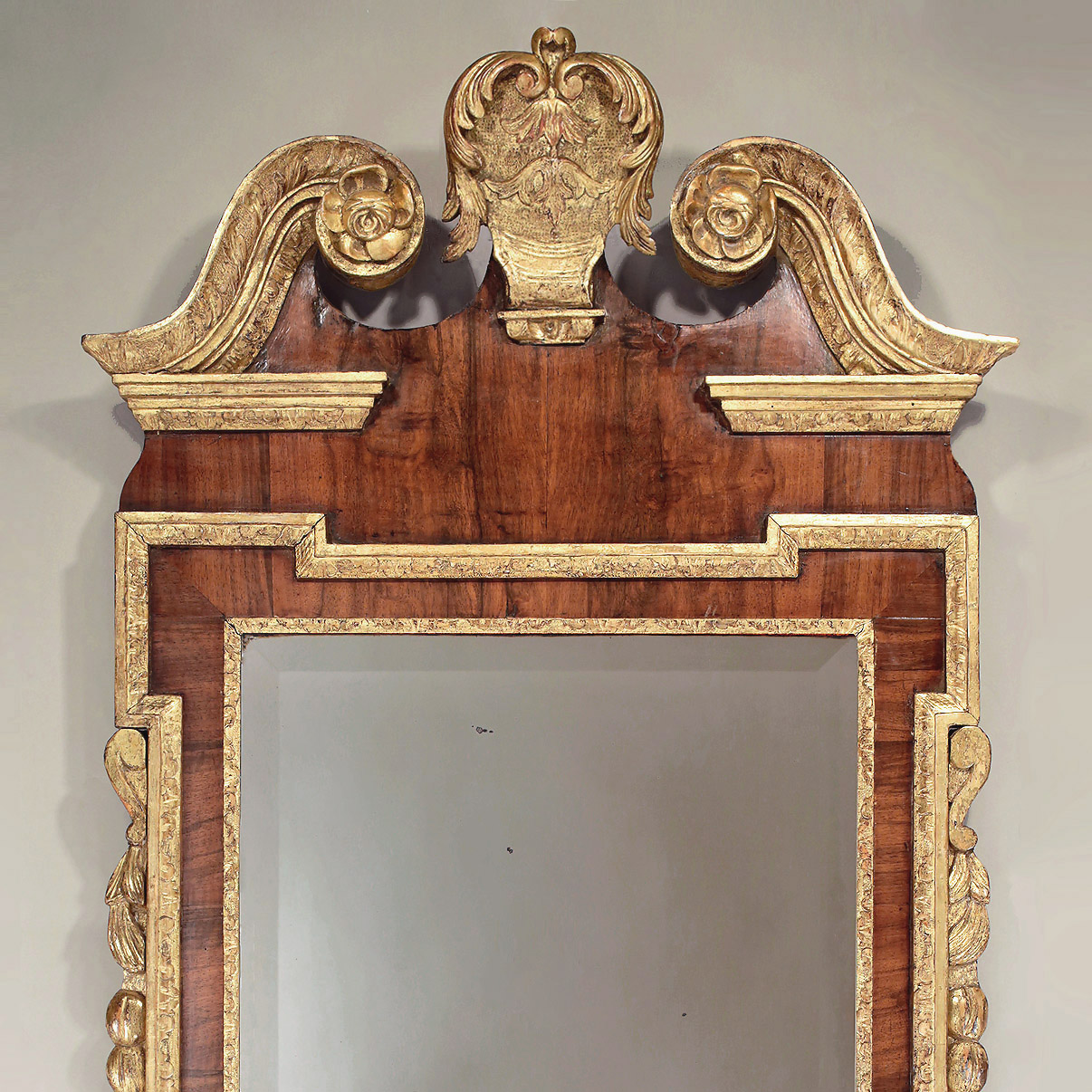 George II Walnut Veneer & Parcel Gilt Mirror, England, c1730 