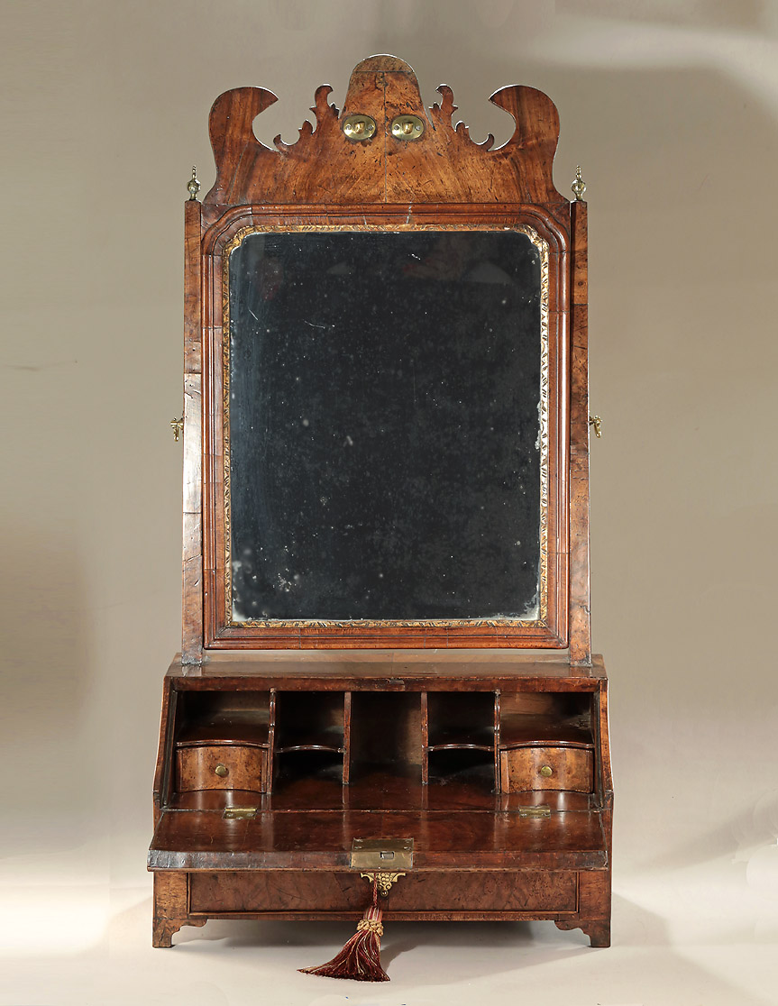 George I Burr & Straight Grain Walnut Dressing Table Mirror & Bureau, fitted interior