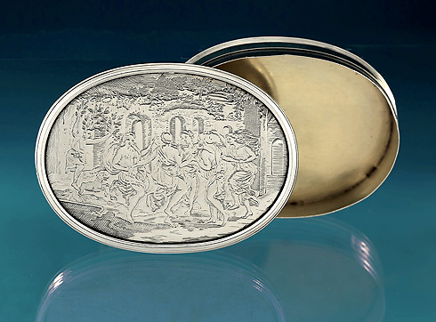George I Engraved Silver Snuff Box, Classical Scene, England 1720-25