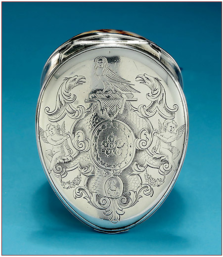 Fine George I Silver-Mounted Tiger Cowrie Shell Snuff Box, Arms of Ashley, c1720