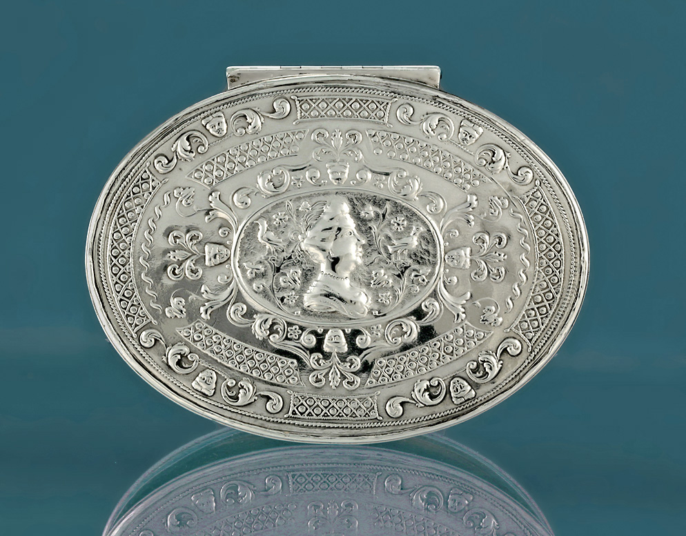 Rare George I Silver Portrait Snuff Box, Queen Mary, Dennis Langton, London, c1720