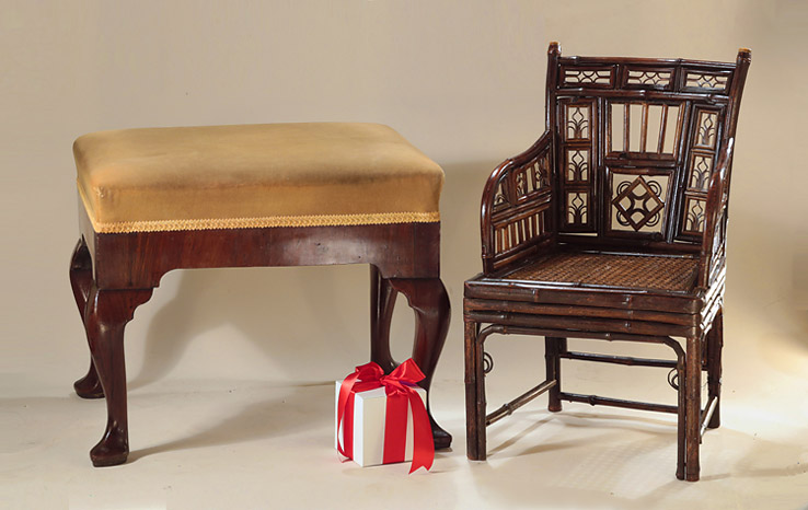 19th cenury "Brighton Pavilion" Bamboo & Caned Child's Armchair,  George I / II Walnut Veneered Upholstered Stool