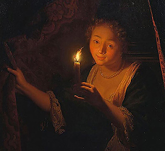 A Girl with a Candle Drawing Aside a Curtain, Godfried Schalcken, 1670, Private Collection 